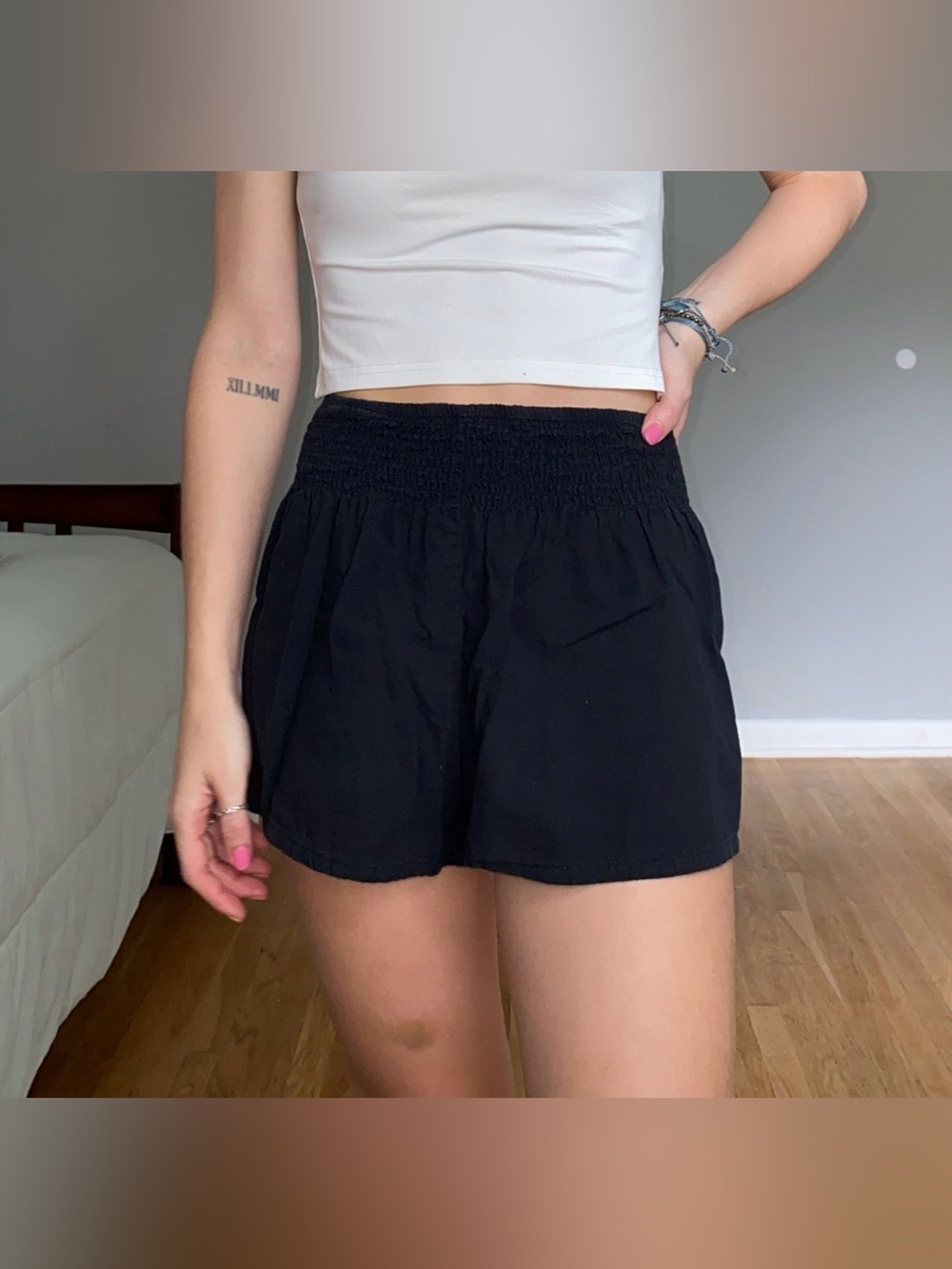 High-Waist Black Smocked Waist Shorts for Women